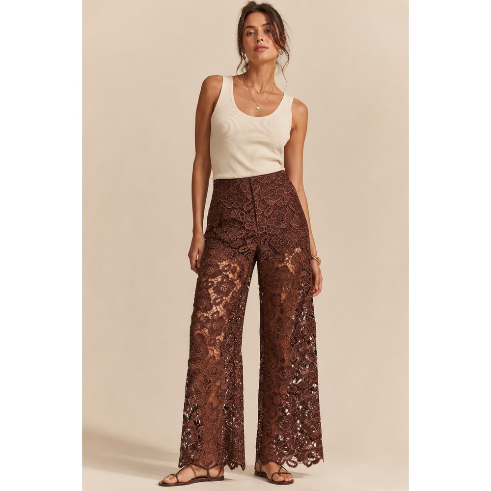 Anthropologie Faux Leather Lace Wide Leg Pants Womens Size 4 Brown Floral